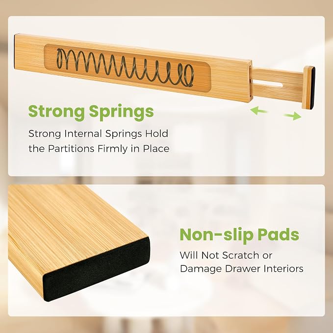 Fyvva Drawer Organizer, Spring-Loaded Expandable Bamboo Dividers 4-Pack | Large Kitchen Drawer Organizer, Adjustable 16.9 to 22.2 in, 2.3in High Non Slip for Kitchen Clothes Bathroom Office Natural - Image 3