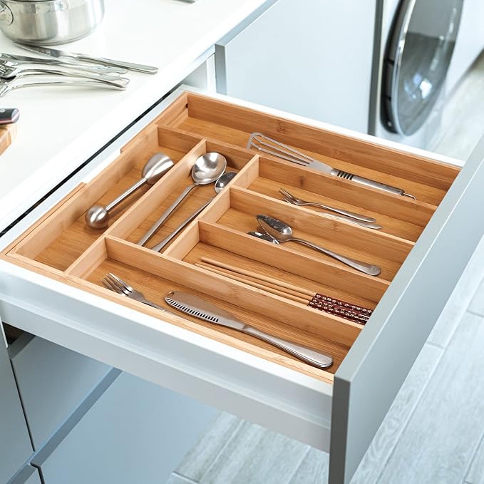 Bamboo Cutlery Tray, Adjustable Drawer Insert with 6 to 8 Compartments, Expandable Cutlery Organiser and Cutlery Tray, Organiser for Kitchen Utensils and Cutlery - Image 6