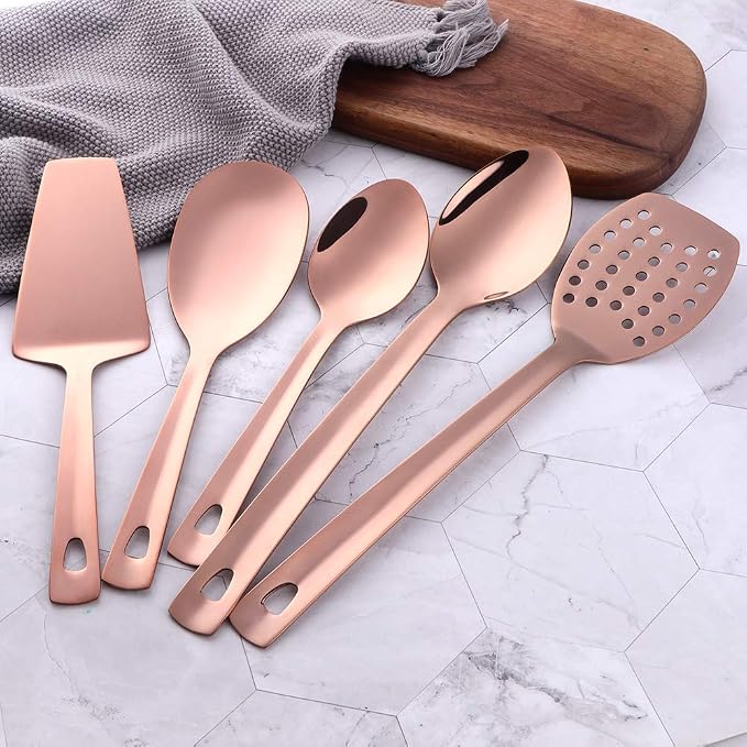 12 Pcs Cooking Utensil Set, Stainless Steel Rose Gold Titanium Plated Cookware Sets with Public Fork/Spoon, Cake Shovels, Spatula, Ladles, Solid Spoon, Slotted Spoon, Pasta Server, Kitchen Tool Gadget - Image 3