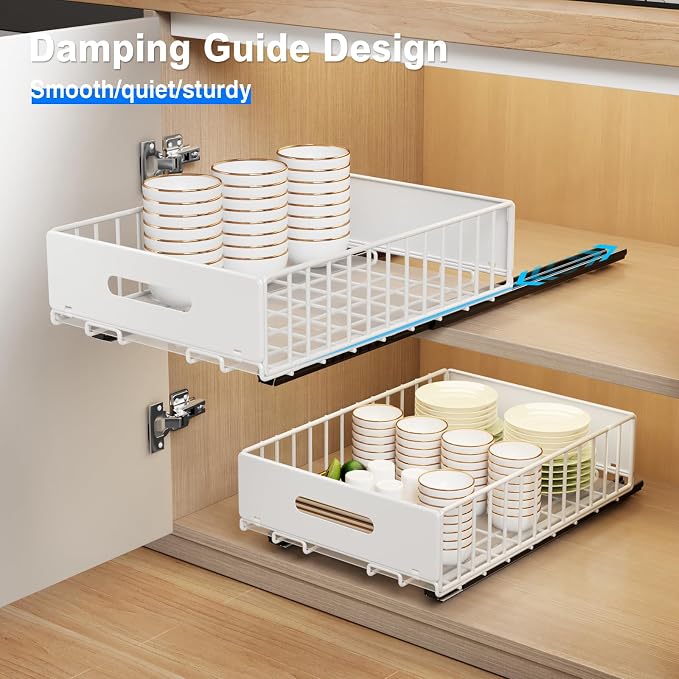 MUSTORN 2 Pack Pull Out Cabinet Organizer, Slide Out Cabinet Drawers Peel and Stick Pull Out Drawers Heavy Duty Pull Out Shelf for Kitchen, Cupboard, Pantry, Bathroom (16.5" D*11.8" W*3.94" H-White) - Image 4