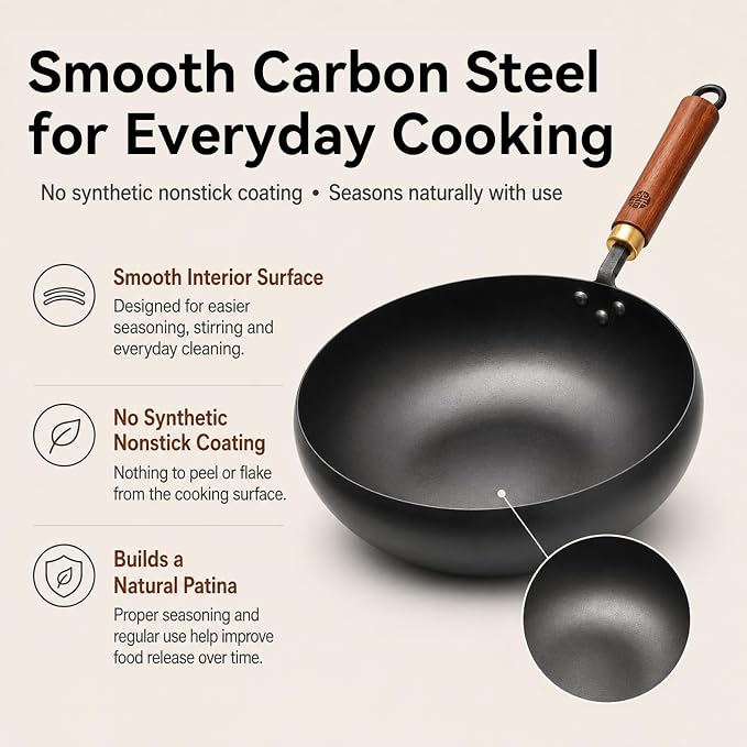 WANGYUANJI 9.5-Inch Carbon Steel Wok with Lid, Flat Bottom Stir Fry Pan - Image 4