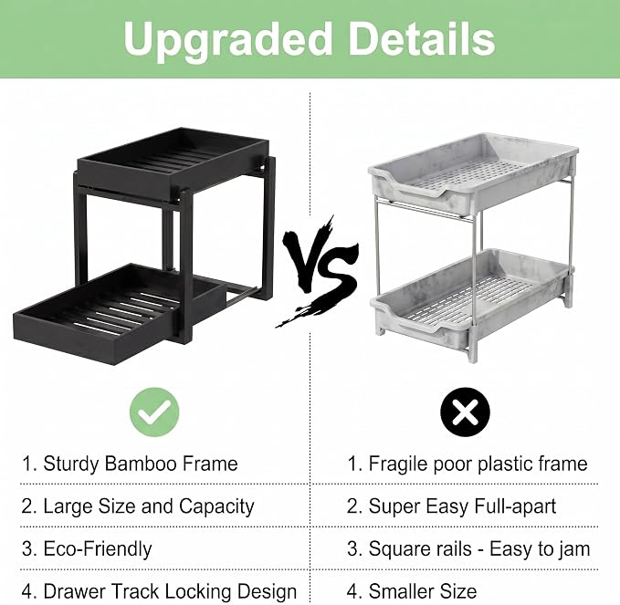 MHXW SXPN Bamboo Under Sink Organizer, 2 Pack Pull Out Cabinet Organizer - Image 6
