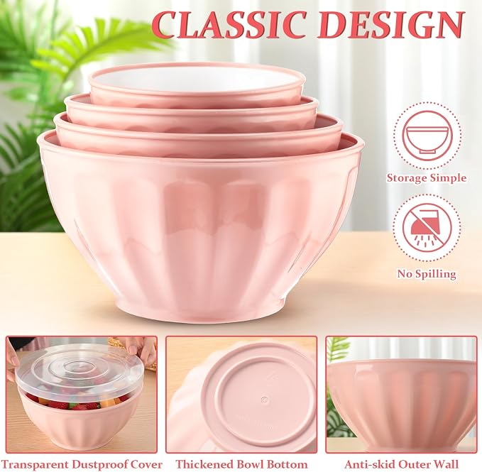 Ziliny 4 Pcs Mixing Bowls with Lids Plastic Nesting Bowls Set with Stainless Steel Colander 8 Pcs Measuring Cups and Spoons Set and Foldable Kitchen Funnel for Kitchen Cooking Accessories (Pink) - Image 3