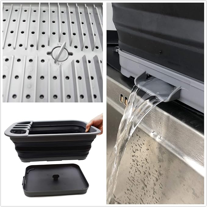 SAMMART Collapsible Dish Drainer with Drainer Board - Foldable Drying Rack Set - Portable Dinnerware Organizer - Space Saving Kitchen Storage Tray (1, Grey/Black) - Image 5