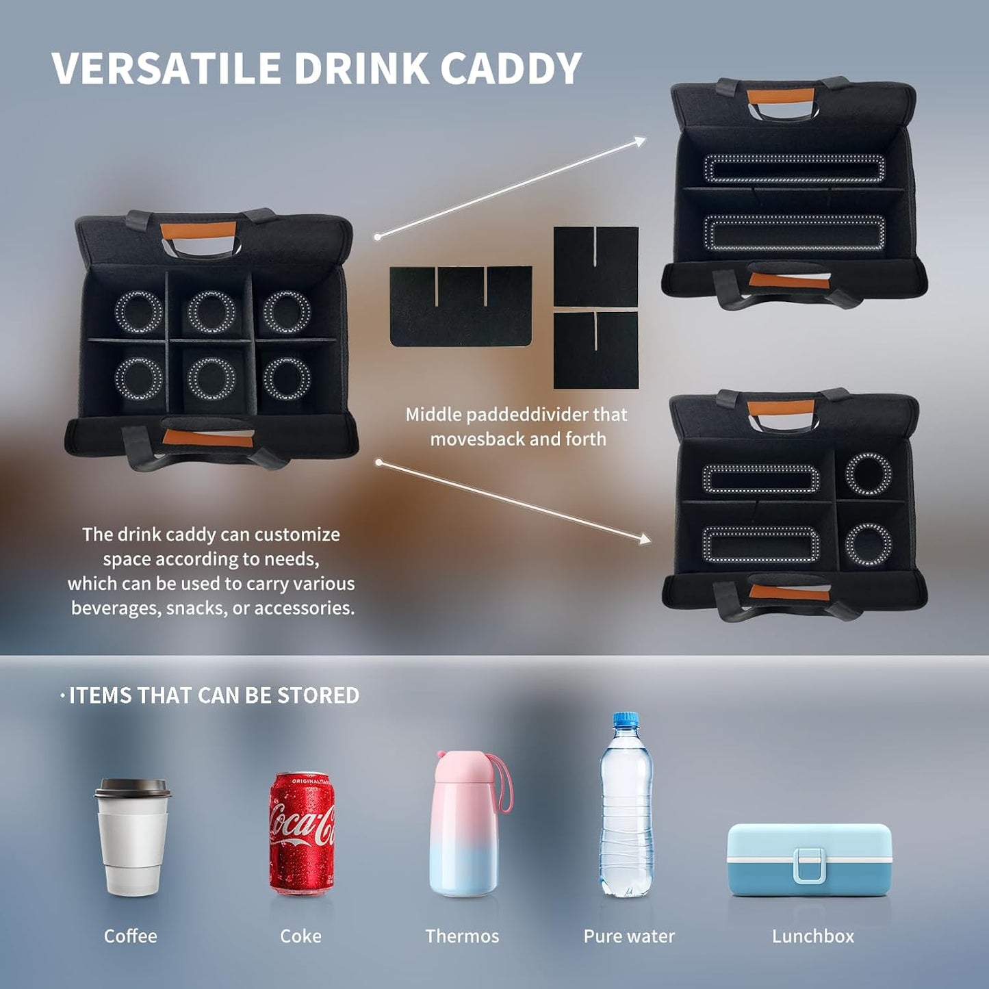 Reusable 4/6 Cup Drink Carrier with Handle and Adjustable Dividers, Insulated Caddy for Take Out, Foldable Coffee Cup Holder for Hot & Cold Drinks (Black, 6 Cups)