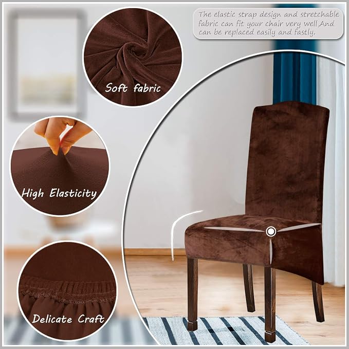 Velvet Plush XL Dining Chair Covers, Stretch Chaircover, Spandex High Chairs Protector Covers Seat Slipcover with Elastic Band for Dining Room,Wedding, Ceremony, Banquet (Coffee, Set of 2) - Image 2