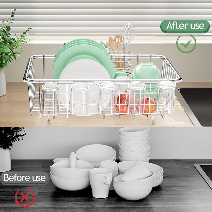 Fanbsy Dish Drying Rack in Sink, Extendable Stainless Steel Dish Drainers for Kitchen Counter, Anti-Rust Dish Dryer Rack with Utensil & Cup Holders, for Inside Sink, Over The Sink - Image 7