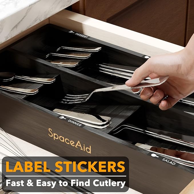 SpaceAid Bamboo Silverware Drawer Organizer with Labels, Kitchen Utensil Tray Holder Organizer for Flatware, Cutlery, Spoon and Knives Drawer Storage Organization (Black, 6 Slots) - Image 5