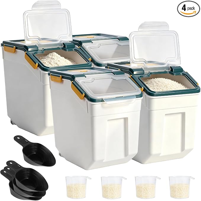 Saim 4Pack 50lb Flour & Rice Storage Container Bin (Dark Blue) | BPA free plastic with seal lid, rolling wheels and measuring scoop for rice, flour, cereal and grain one-hand scooping by Saim