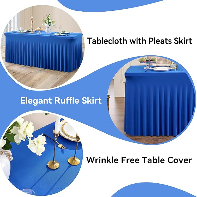 NSSONBEN 6 pk Royal Blue Spandex Tablecloths 6ft, Wrinkle Free High Stretch Fitted Table Cloths for 6 Foot Rectangle Tables, Ruffle Skirt Spandex Table Covers 6ft for Party Wedding Banquet - Image 2