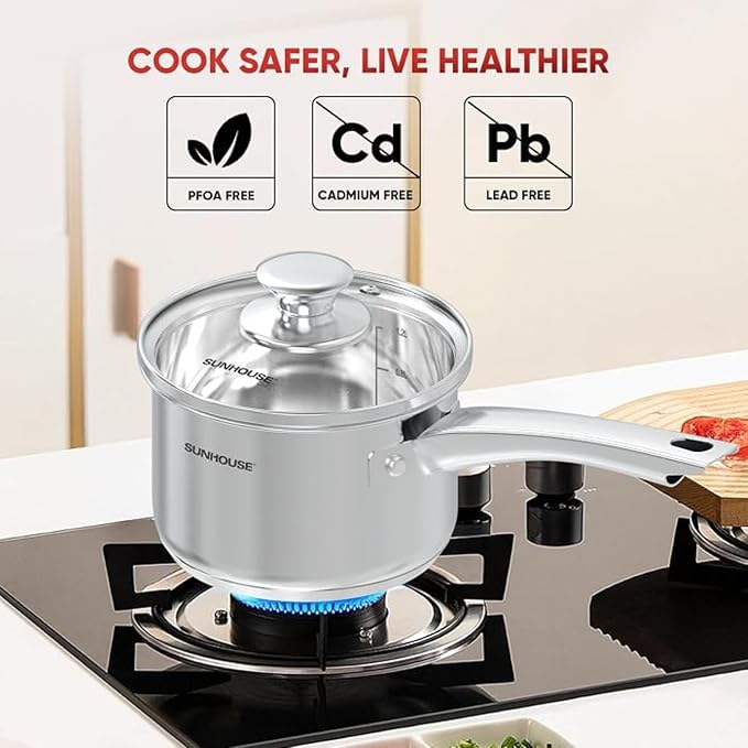 Sunhouse: Stainless Steel Saucepan - Classic: 1.5 Quart - Tempered Glass Lid, 3-Ply Bottom, Round-Edge Cookware Pot, All Cooktop-Oven-Dishwasher Safe - Image 7
