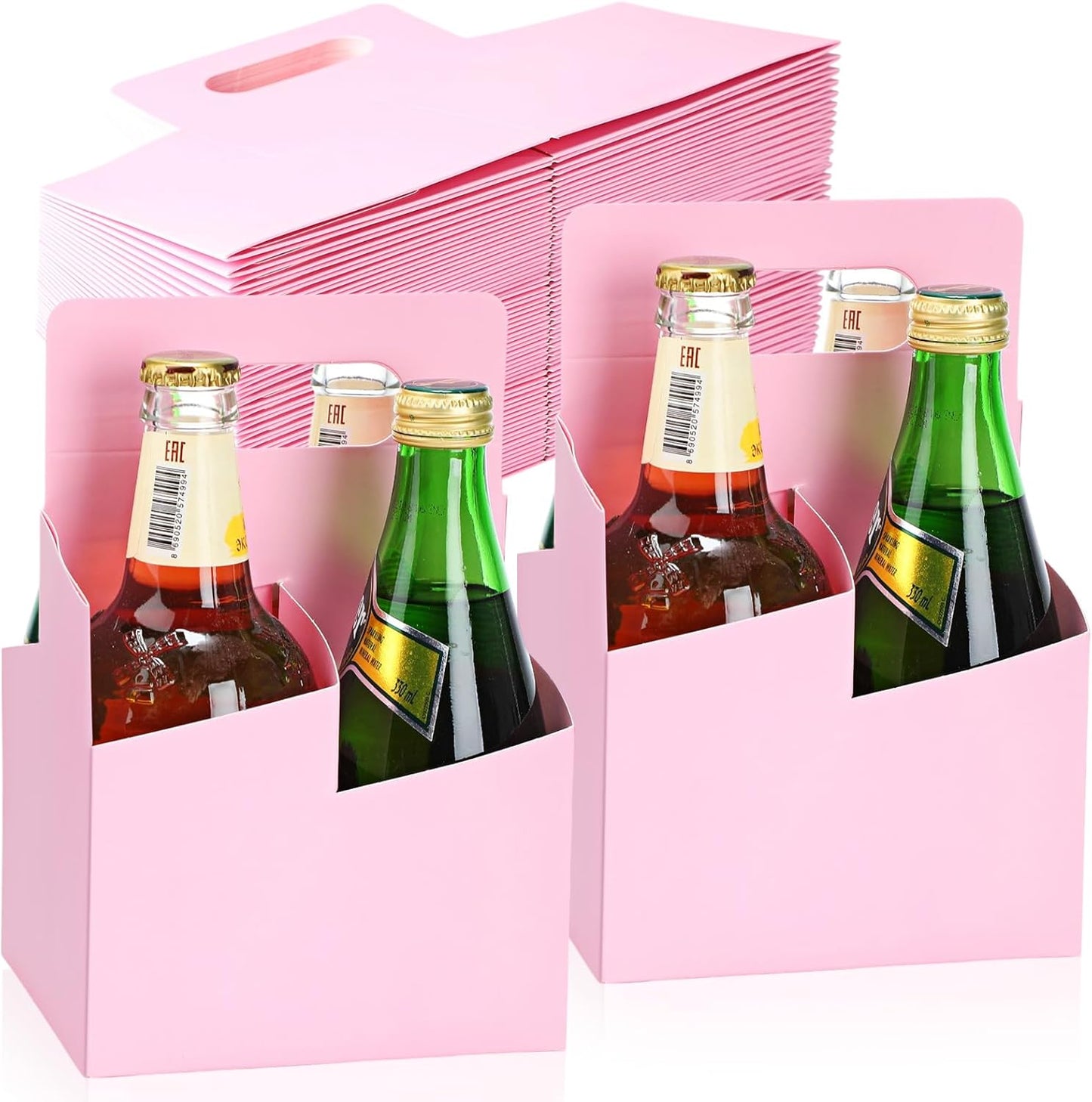 Jetec 4 Cup Drink Carrier with Handle, Kraft Paperboard Beer Carrier, Disposable Drink Holder for Hot or Cold Drinks, 12-16 oz Bottle Holder for Soda and Other Bottled Products(50 Pcs,Pink)