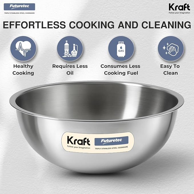 Kraft Futuretec Triply Tasla Stainless Steel Extra Deep 5.5L 30cm 3 Ply 2.5mm Thick Deep Kadai for Cooking/Induction and Gas Base - Image 6