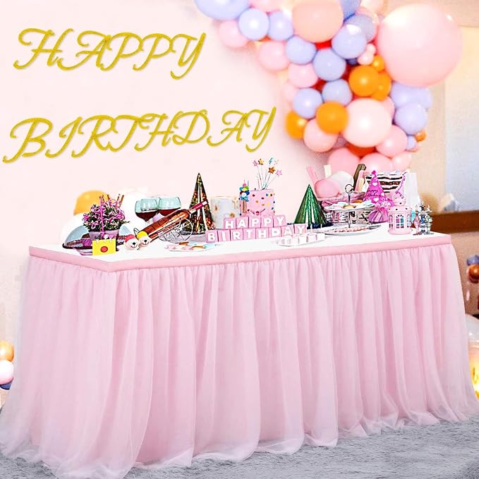 156in Baby Pink Tulle Table Skirts for Rectangle Tables 8ft 6ft, 2-Layer 13 ft Long Gold Grim Princess Pink Ruffle Tulle Tutu Table Skirt Cloth for Girl Birthday Baby Cake Dessert(No Table Cover) - Image 3