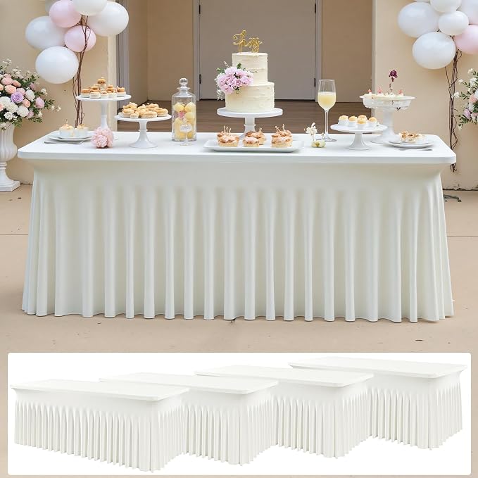 4 pk Ivory Spandex Tablecloth 6ft with Ruffle Skirts,Wrinkle Free High Stretch Cream Fitted Tablecloths for 6 Foot Rectangle Tables,Elastic Spandex Table Covers 6 ft for Parties Weddings Banquet by ENJOYYOURPARTY