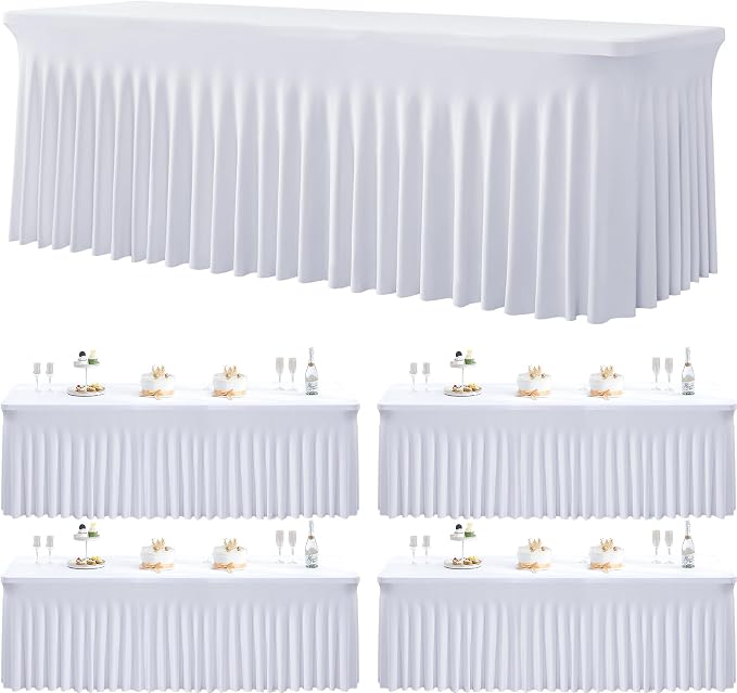 4 Pack Spandex White Tablecloths for 8 Foot Rectangle Tables, Wrinkle Free Fitted Table Cloth 8ft Stretchy Tablecover Desk Skirt for Parties Weddings Birthday Banquet Baby Shower by Htper