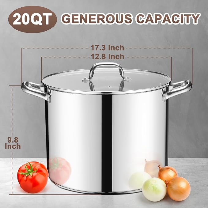 E-far 20 Qt Large Stock Canning Pot, Stainless Steel Stockpot with Lid for Boiling Cooking Soup Stew, Heavy Duty Tri-Ply Bottom Works w/Induction, Commercial Grade & Dishwasher Safe - Image 2