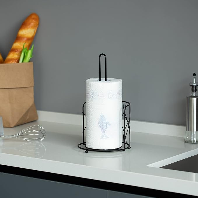 Basicwise Paper Towel Holder Countertop Set of 2 - Black Iron Stand with Weighted Non-Slip Base, One-Handed Tear, Raised Base Keeps Towels Dry, Modern Kitchen or Bathroom Dispenser - Image 2