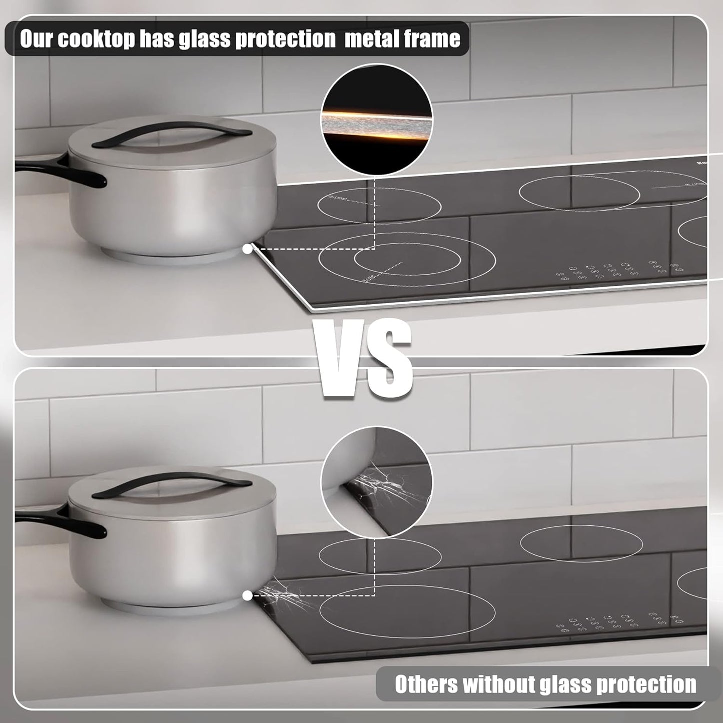 Karinear 30 Inch Electric Cooktop 4 Burners, Built-in Electric Stove top with Glass Protection Metal Frame, Expandable Burners, Multi-function Ceramic Cooktop, 220-240v Hard Wire, No Plug