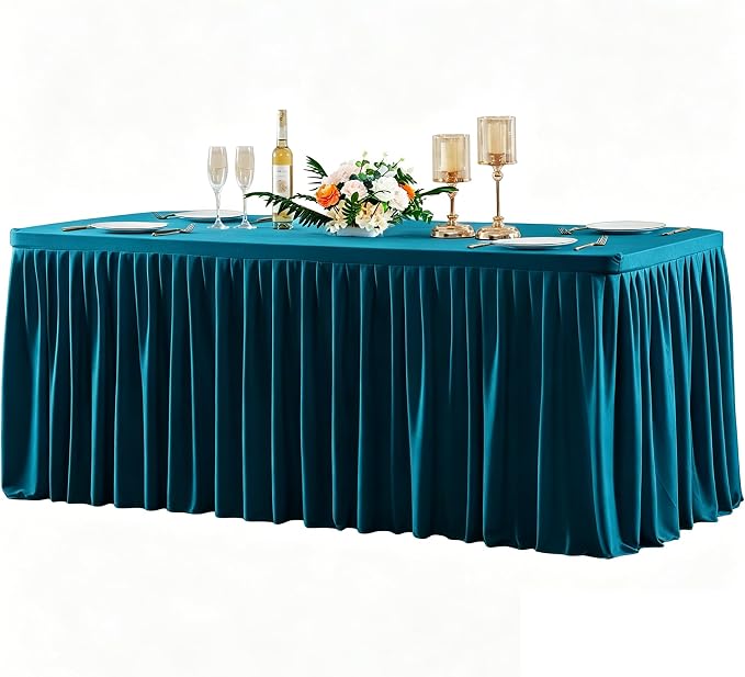 Wish Care Teal Polyester Table Clothes for 4 Foot Rectangle Tables, Wrinkle Free Fitted Table Cover with Pleated Ruffle Table Skirt for Birthday Party Wedding Trade Show Event Display by WishCare
