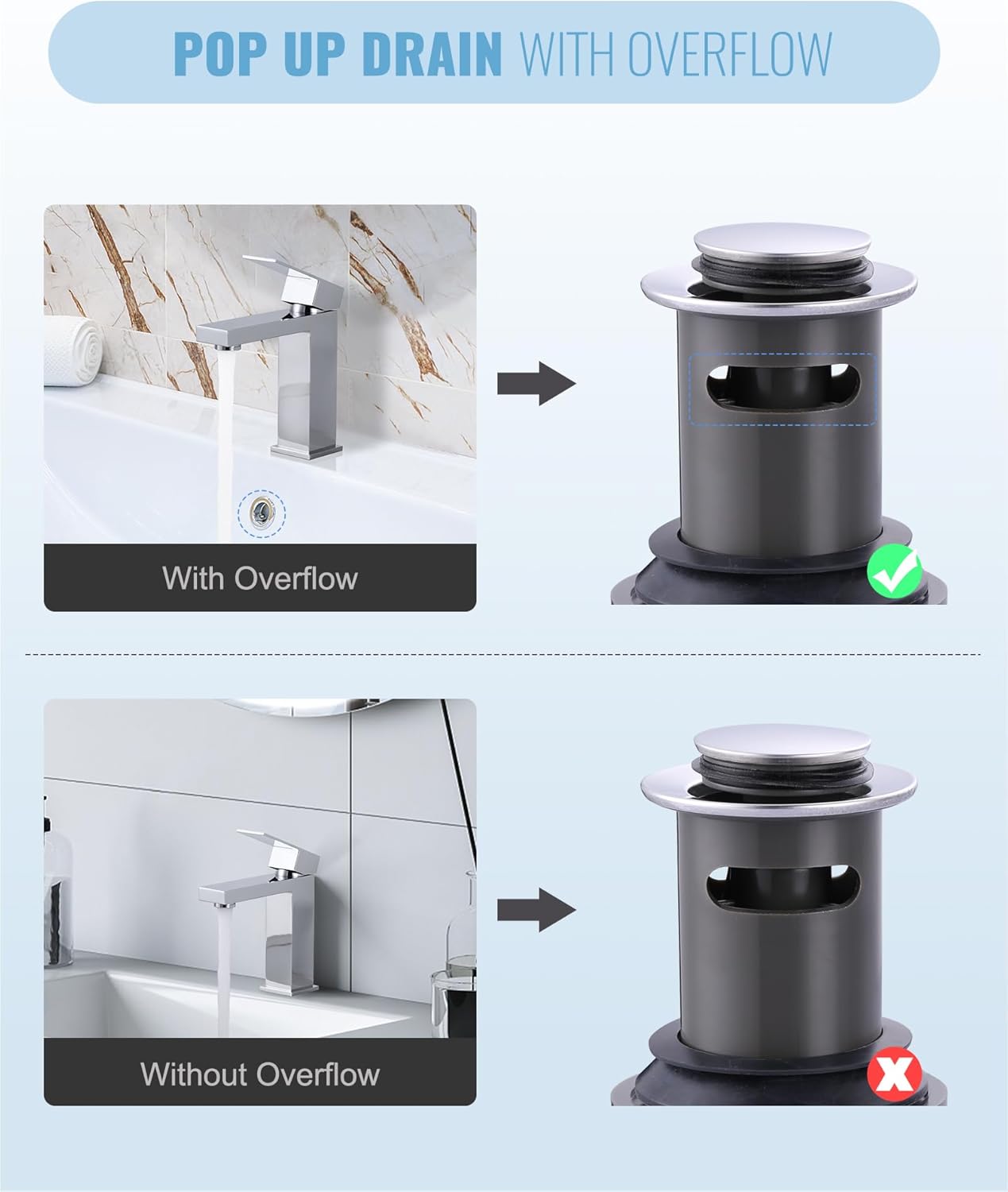 ALEASHA Bathroom Sink Drain with Overflow Vessel Sink Stopper,Pop Up Drain for Bathroom Sink Pop Up Drain Stopper for Hair Catcher,Chrome