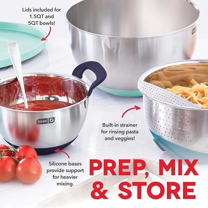 DASH Stainless Steel Mixing Bowls with Lids, Silicone Non-Slip Base with Measuring Lines and Strainer, 3 Bowl Set - 1.5 Quart, 3 Quart, & 5 Quart - Assorted Blue - Image 2