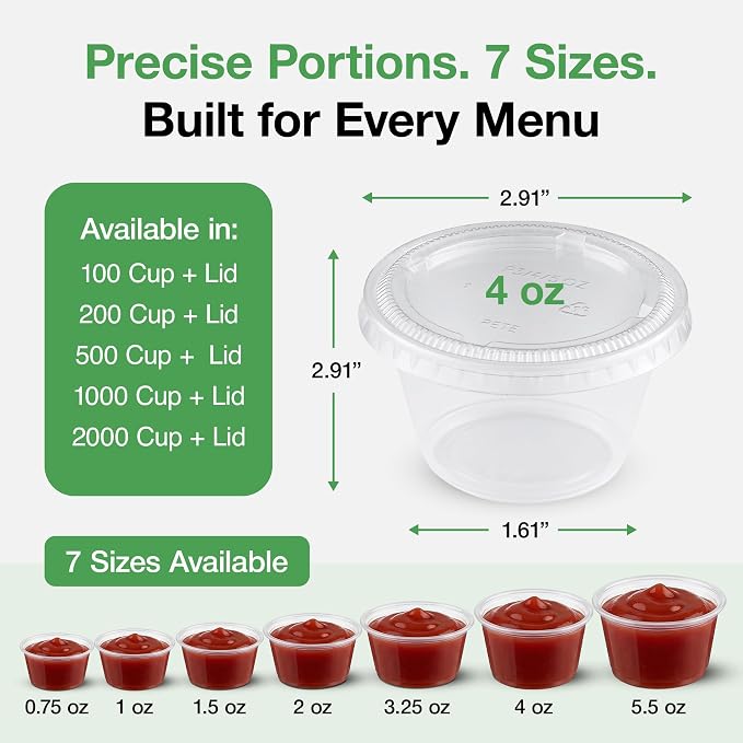 0.75-5.5 oz Plastic Portion Cups with Lids, 100-2000 Count, Dessert Cups with Lids, Jello Shot Cups with Lids, Small Plastic Cups for Salad Dressing & Condiments (2000, 4.0, ounces) - Image 4