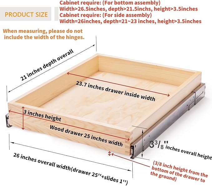 Mulush 26''W x 21''D x 3''H Pull Out Cabinet Drawer Soft Close Slide Out Wood Organizer for Kitchen, Finished, Bottom and Side Assembly (Wood Drawer Part Width is 25inch) - Image 3