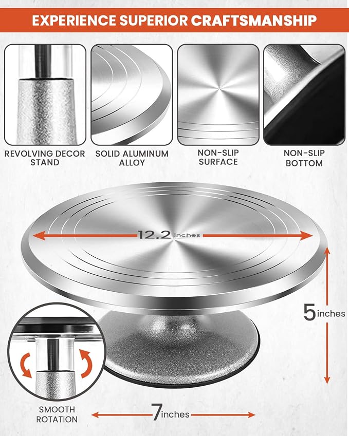RFAQK 250 PCs Aluminum Cake Decorating Tools Kit with 12" Metal Turntable & Knife set-48 Numbered Icing Tips-3 Russian Piping Nozzles-Straight & Angled Spatula-Cake Leveler& Baking Supplies Tools - Image 2