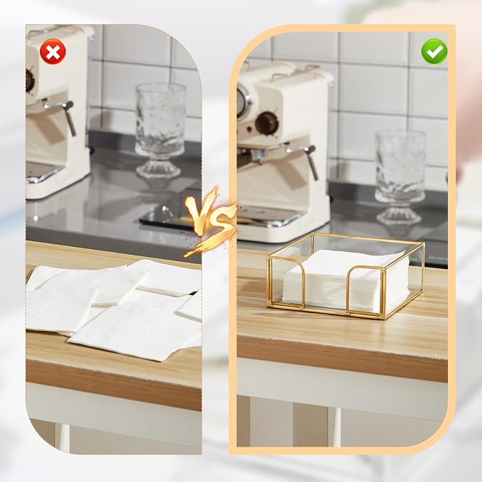 LemonRoad 2 Pcs Square Gold Napkin Holder for Table 5.7 x 5.7 Inch Decorative Cocktail Napkin Holder Glass Flat Paper Basket for Kitchen Dining Buffet Bar Counter Wedding Party Restaurant Bar Hotel - Image 5