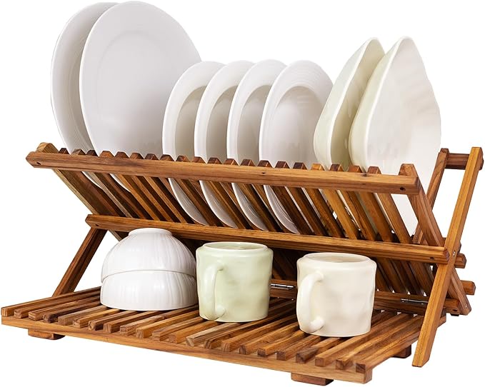 Utoplike Large Teak Dish Drying Rack, Wood Collapsible Organizer for Plates by Utoplike