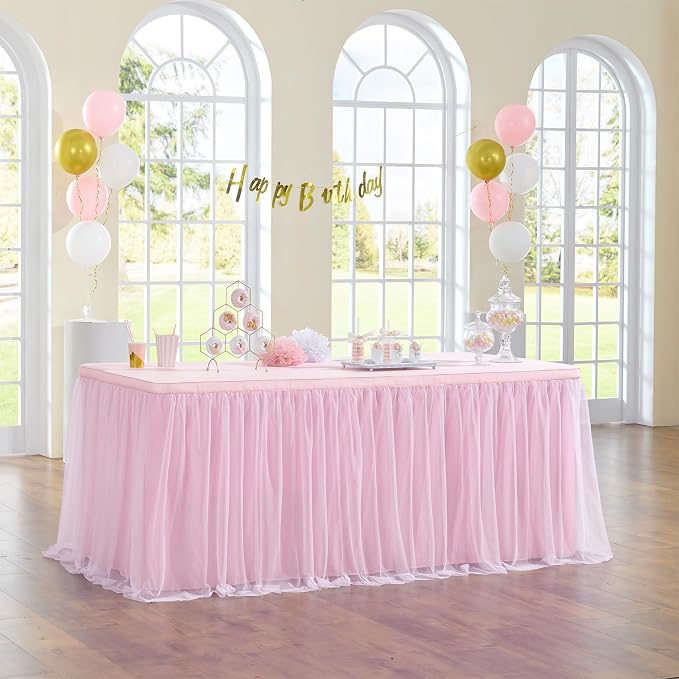 204in Baby Pink Tulle Table Skirts for Rectangle Tables 6ft 8ft, 2-Layer 17 ft Long Gold Grim Princess Pink Ruffle Tulle Tutu Table Skirt Cloth for Girl Birthday Baby Cake Dessert(No Table Cover) by ENJOYYOURPARTY