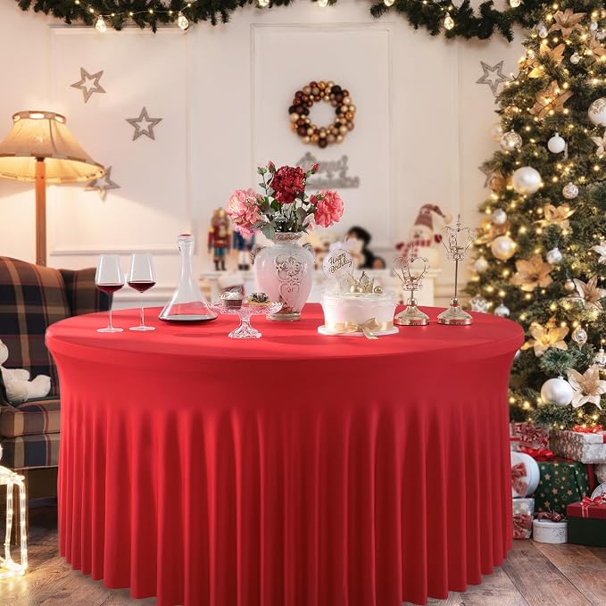 6 Pack Red Spandex Round Tablecloths for 72inch Table, 132in Stretchy Fitted 6ft Tablecloths, Wrinkle Free Round Table Clothes Covers with Skirt for Wedding Birthday Parties Banquet - Image 4