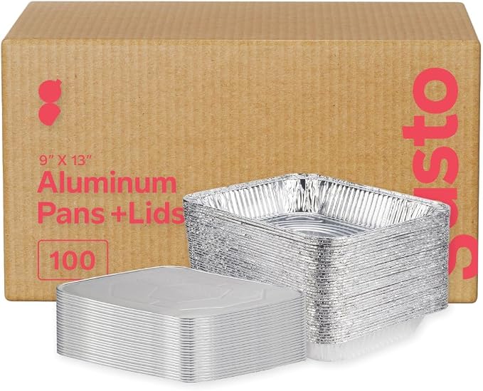 GUSTO 9x13 Inch Aluminum Foil Pans With Lids [100 Sets] Half Size Deep | Thicker 37.4 Gauge, Food-Safe Tin Disposable Trays, Freezer-Safe, Oven, Grill & Smoker Use, Secure Transport, Recyclable by GUSTO