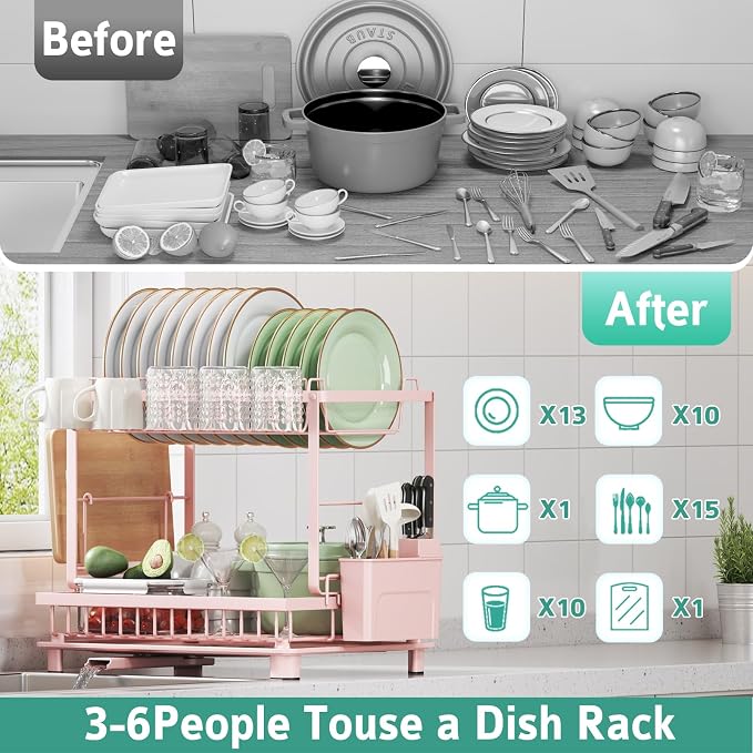 2-Tier Dish Drying Rack for Kitchen Counter, Space-Saving, Pink - Image 7