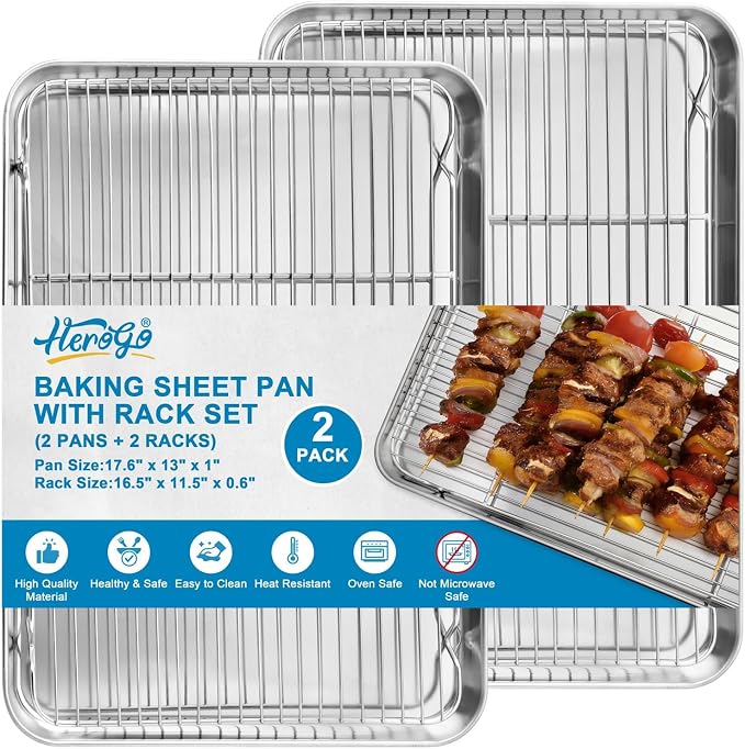 Herogo Stainless Steel Half Sheet Baking Pan with Rack Set(2 Pans + 2 Racks), 18" x 13" x 1" Large Baking Tray with Cooling Rack Set for Oven Roasting, Rust & Warp Resistant & Nonstick by Herogo
