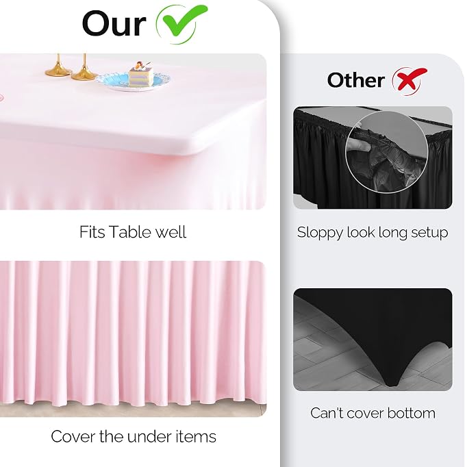 Wish Care 2 Pack Pink Spandex Table Clothes for 4 Foot Rectangle Tables, 4FT Wrinkle Free Fitted Tablecloths Ruffles Design Table Cover for Party, Banquet, Wedding and Events - Image 3