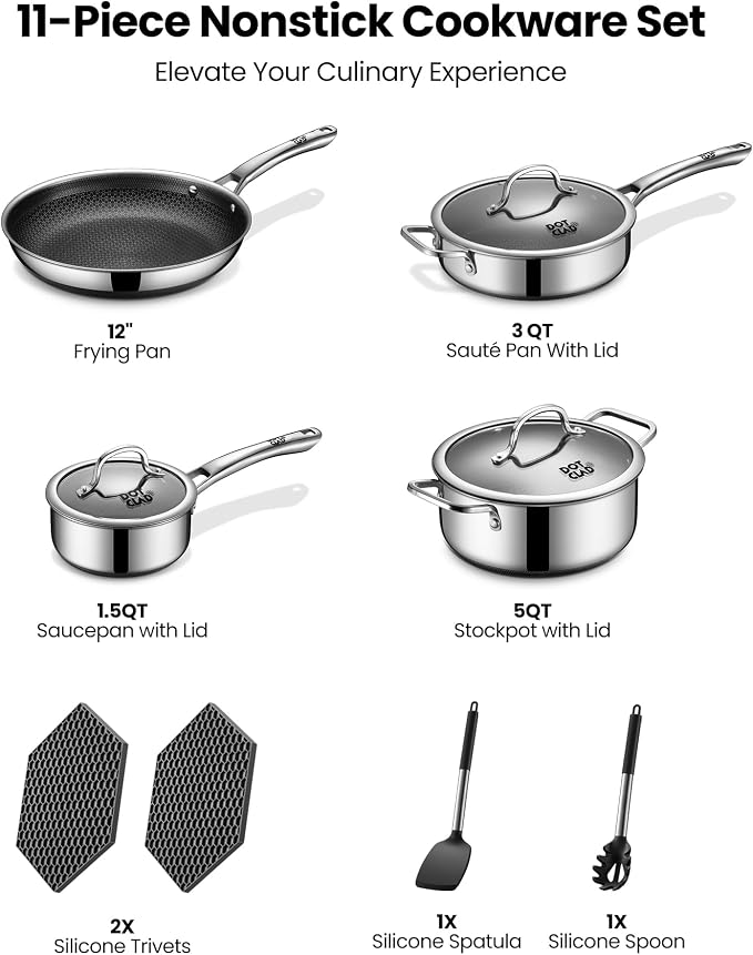 11-Piece Hybrid Stainless Steel Cookware Set, Non Stick Pots and Pans - Image 3