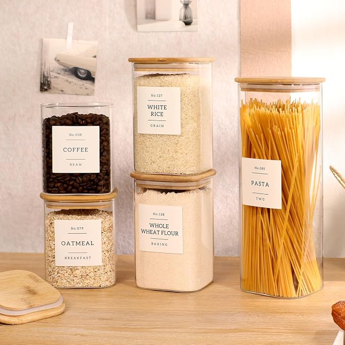 5 Pack Square Glass Pantry Storage Containers with 132 Kitchen Food Pantry Labels - Clear Glass Pantry Jars with Airtight Wood Bamboo Lids - Glass Canisters for Pasta, Cereal, Coffee, Flour, Sugar - Image 6