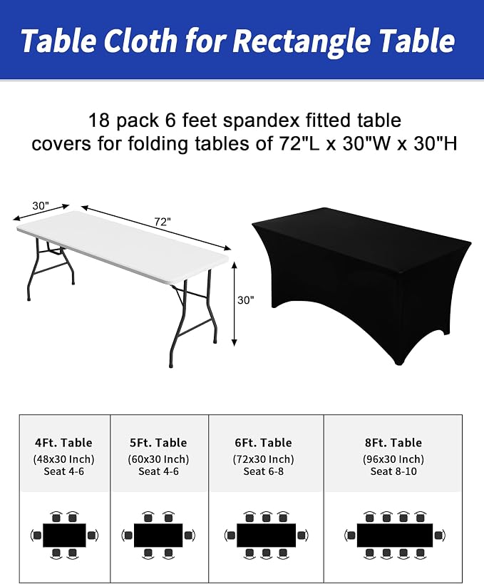 Fixwal 18 Pack 6FT Black Tablecloth Rectangle Spandex Fitted Table Cover - Image 3