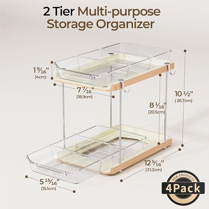 Delamu 2 Tier Under Sink Organizer Bathroom, Bathroom Cabinet Organizer with Snap-Lock Design and Hooks, Pull Out Storage with Movable Dividers, for Countertop, Kitchen and Pantry (White, 4 Pack) - Image 2