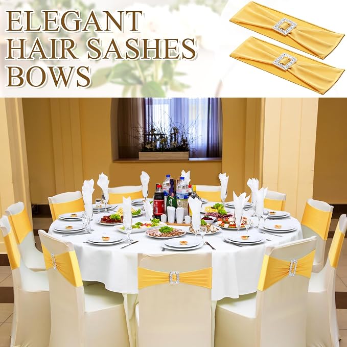 VitalCozy 100 Pcs Spandex Chair Sashes Wedding, Square Buckle, Gold - Image 4