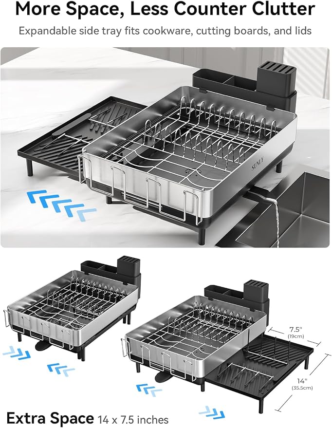 SUNLY Large Dish Drying Rack, Expandable Dish Rack for Kitchen Counter, 304 Stainless Steel Space Saving Dish Drainer with Multifunctional Flip Up Pegs - Image 8