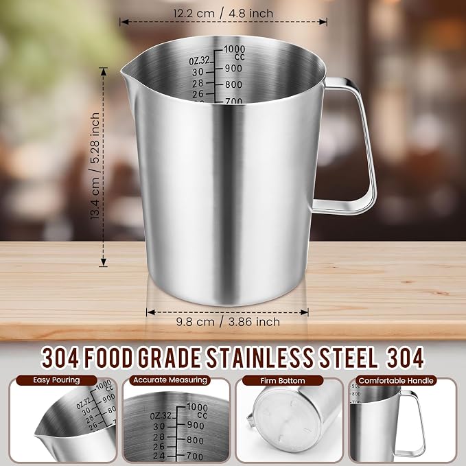 Copkim 4 Pcs Milk Frothing Pitcher with Handle 33.8 oz, 1000 ml, 4 Cup 304 Stainless Steel Pitcher with Pour Lip Metal Liquid Measuring Cups Measuring Jug Milk Frothing Cup for Latte Art Water Pouring - Image 2