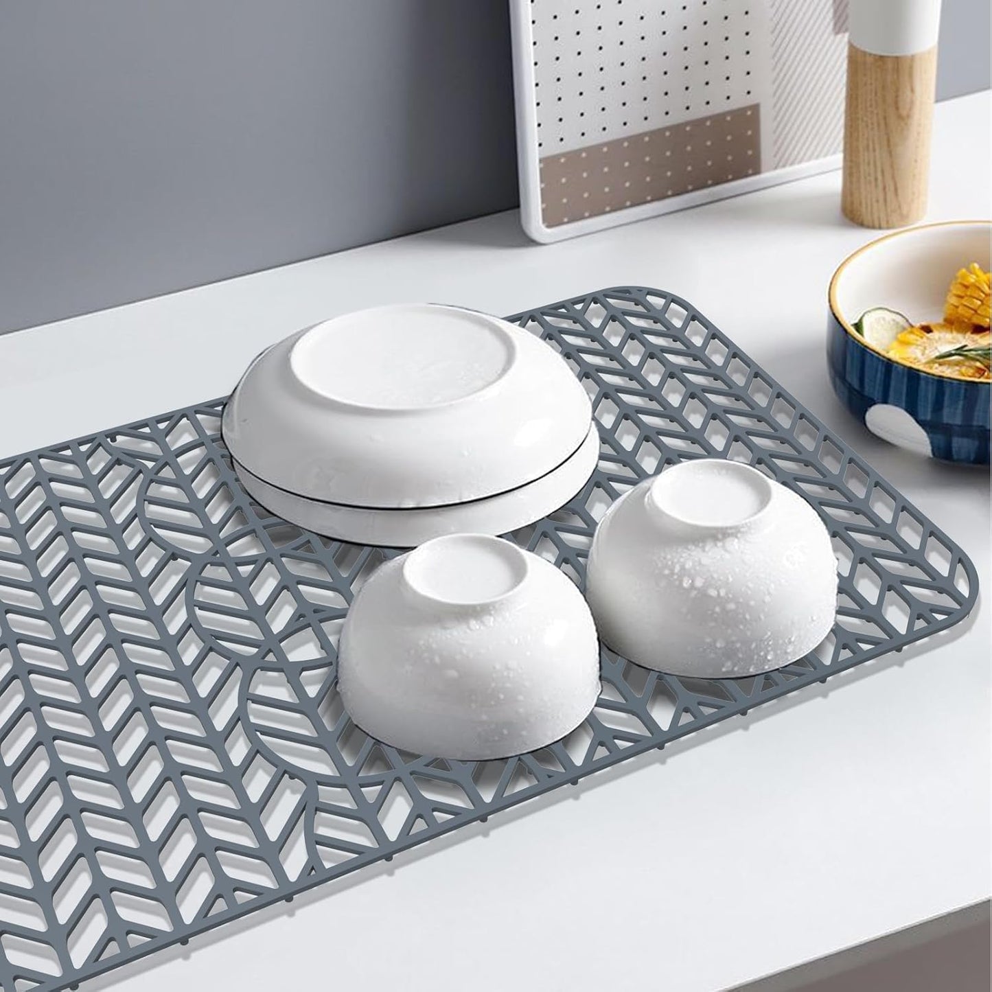 GUUKIN Sink Protectors for Kitchen Mat - 29"x 15.35" Silicone Kitchen Sink Mat Grid for Bottom of Farmhouse Stainless Steel Porcelain with 3 Reserved Holes（Grey）