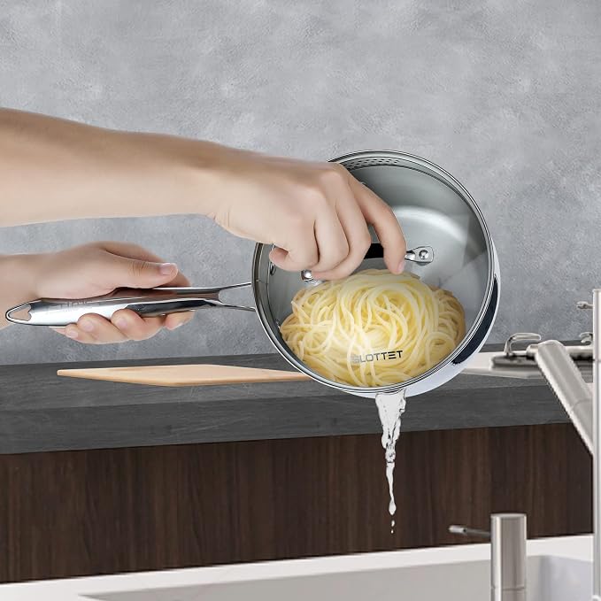 SLOTTET Tri-Ply Whole-Clad Stainless Steel Sauce Pan with Pour Spout,1.5 Quart Small Multipurpose Pasta Pot with Strainer Glass Lid, Saucepan for Cooking with Stay-cool Handle. - Image 2