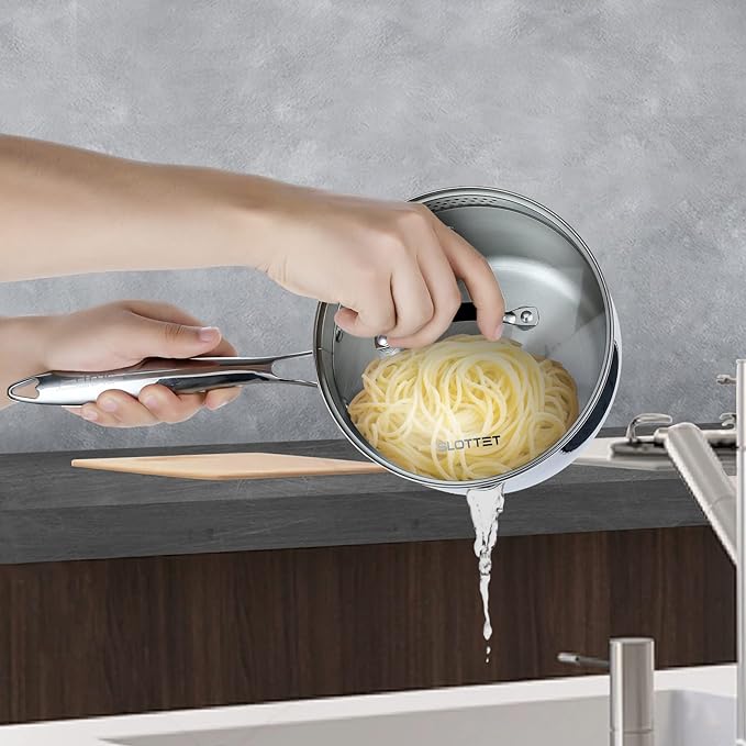 SLOTTET Tri-Ply Whole-Clad Stainless Steel Saucepan with Steamer,2.5 Qt Small Multipurpose Pot with Pour Spout,Strainer Glass Lid, 2 Quart Sauce Pan for Cooking with Stay-cool Handle. - Image 3