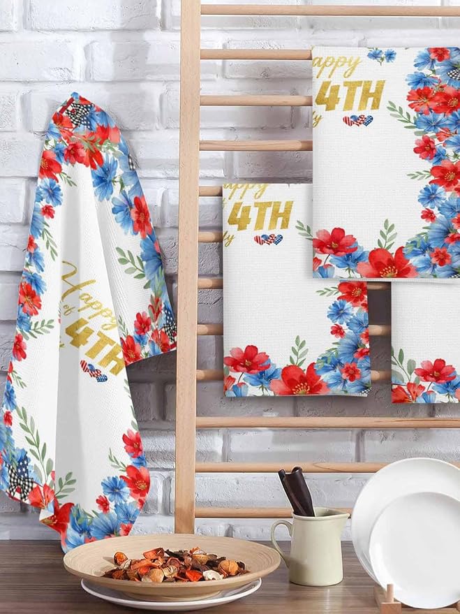 4th of July Hand Towels Set, Waffle Weave Kitchen Towels 2 Pieces, Summer Red Blue Patriotic Flowers Leaves Microfiber Hair Face Bath Tea Towel Absorbent Quick Drying Cleaning Dish Cloths, 15.7"x23.6" - Image 2