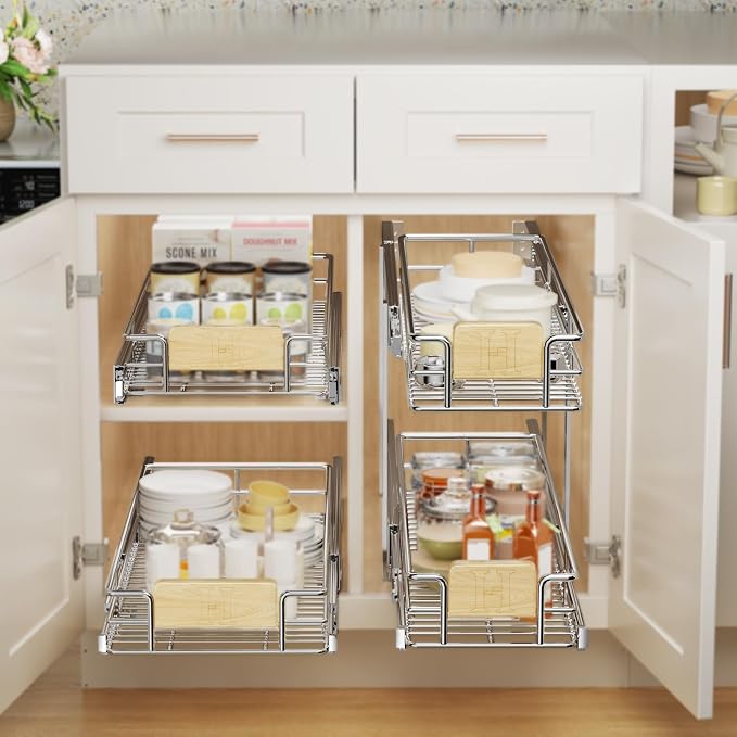 LOVMOR 2 Tier Pull Out Cabinet Organizer 7½" W x 21½" D, Slide Out Drawers with Wooden Handle, Sliding Shelves Organization and Storage for Kitchen, Pantry - Image 2