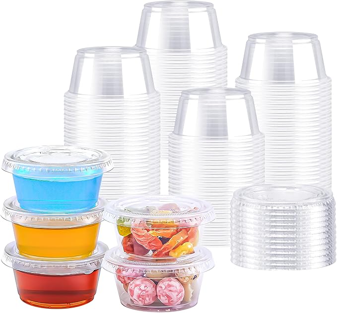 BYSNOW 400 Sets 2 oz Plastic Jello Shot Cups with Lids, Small Portion Cups | Clear Disposable Condiment Cups, Mini Sample Cups, Airtight Sauce Containers for Salad Dressing, Snacks, Souffle, Daily Use by BYSNOW